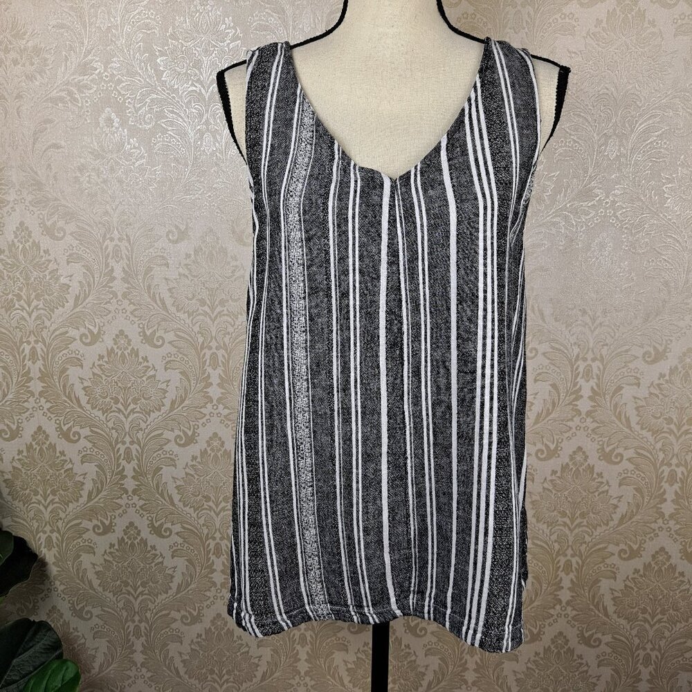 Time & Tru Size Large (12-14) Black White Striped Linen Blend Sleeveless Top